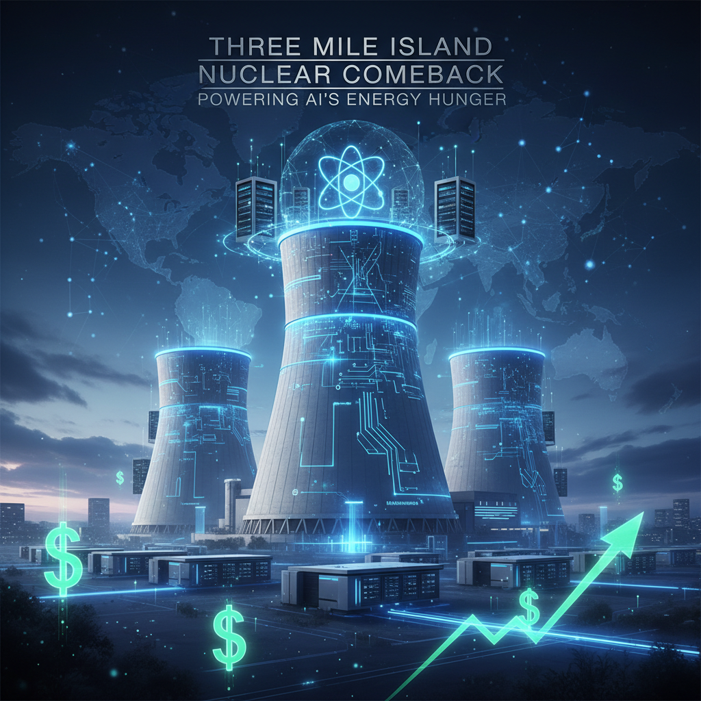 A nuclear power plant with glowing circuits and data centers, representing the intersection of nuclear energy and AI.