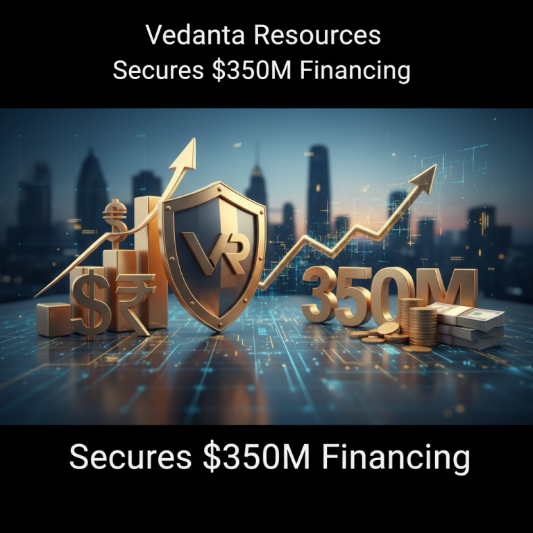 Gold-plated financial symbols, shield with 'VR' logo, upward trend arrow, and $350M over a city skyline.*