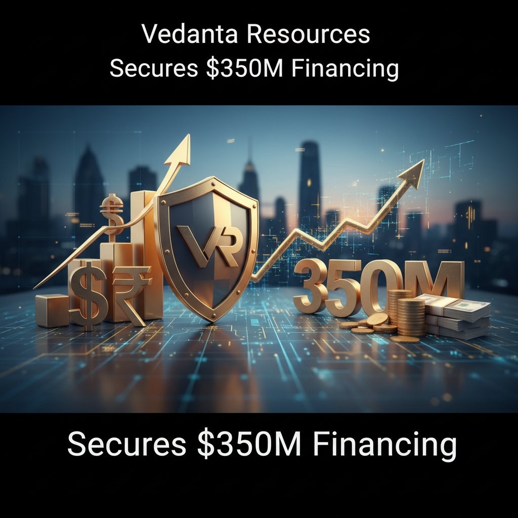 Gold-plated financial symbols, shield with 'VR' logo, upward trend arrow, and $350M over a city skyline.*