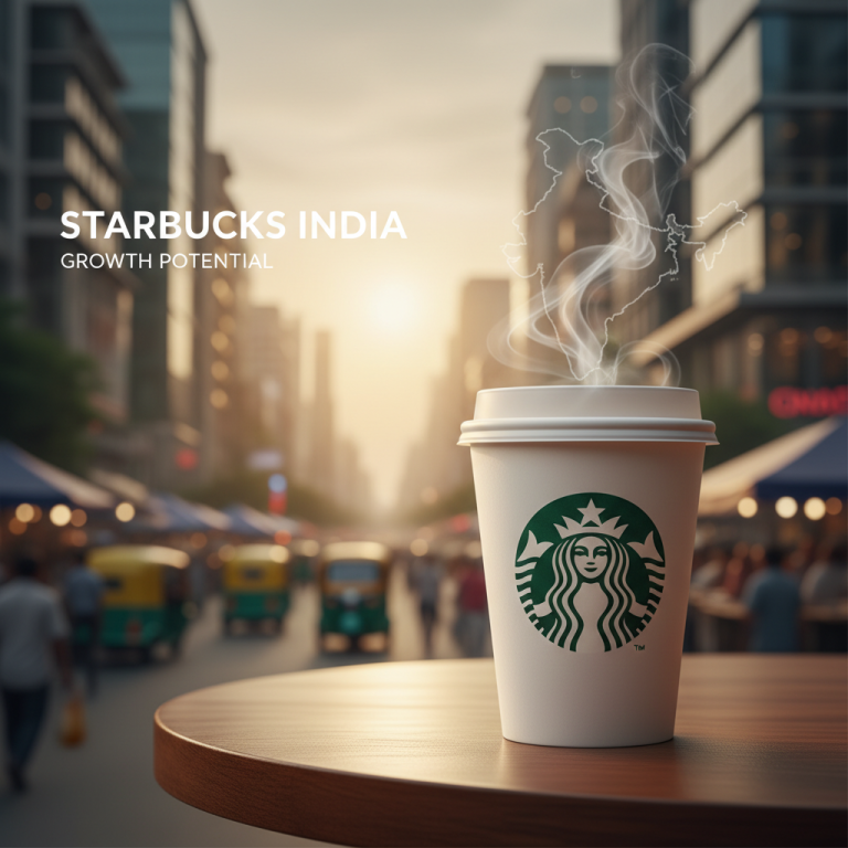 Starbucks cup on a table with a blurred Indian street scene background, steam from the cup forms an outline of India.