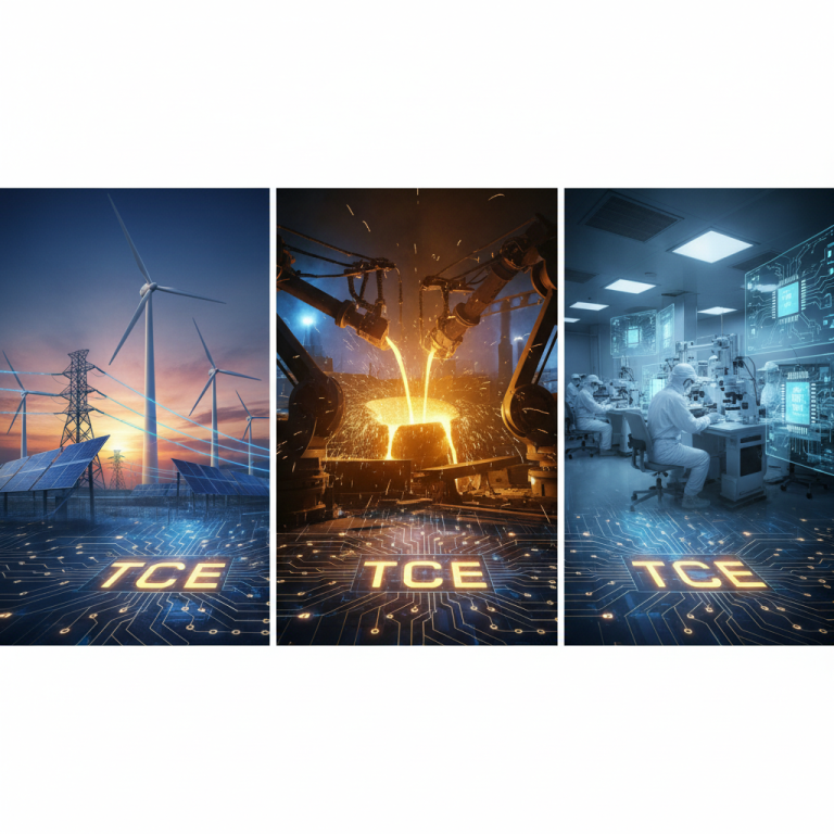 A triptych showing wind turbines and solar panels for power, molten metal pouring in a foundry, and workers in a semiconductor cleanroom.