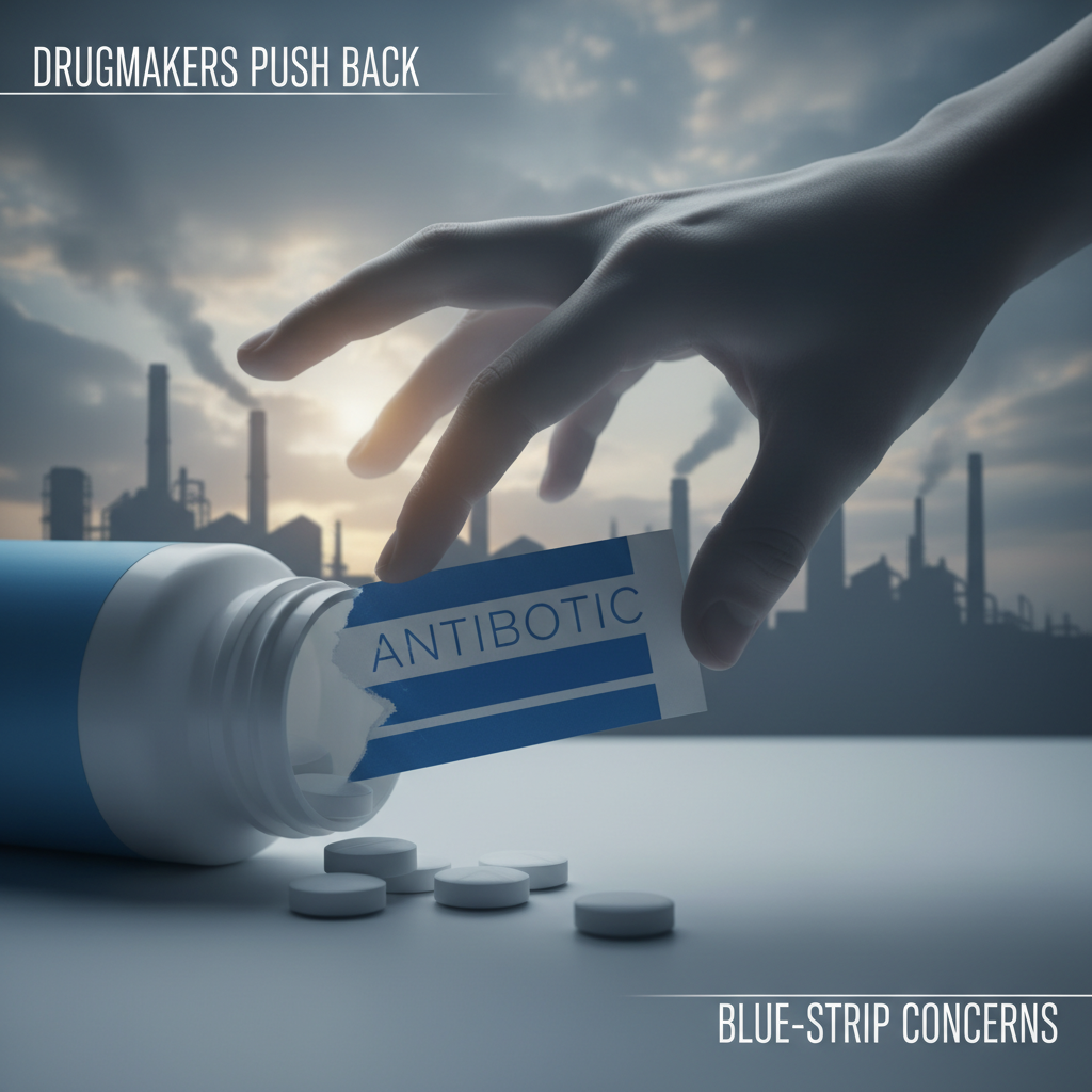 A hand pulls a blue-strip label from an antibiotic bottle with pills spilled, against a factory background.