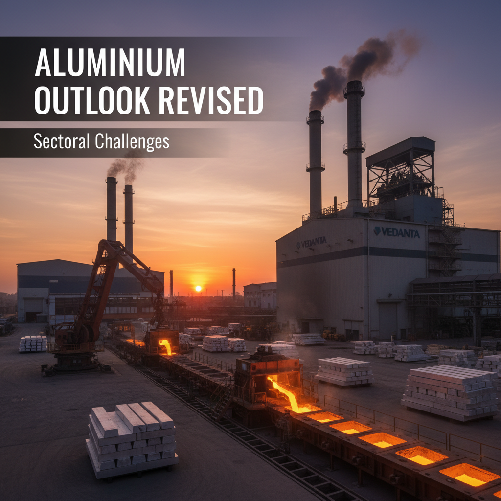 Industrial plant with molten aluminum pouring into molds at sunset, smoke stacks billowing.