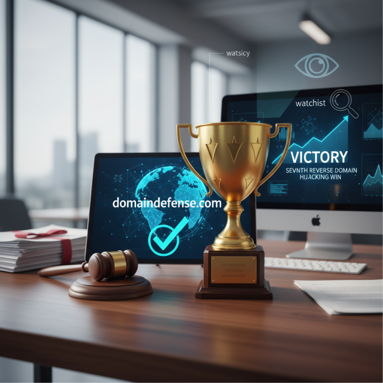 A golden trophy stands on a desk with a gavel, a laptop showing a domain defense graphic, and a monitor displaying "VICTORY."
