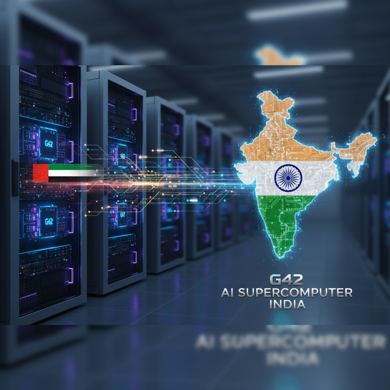 A high-tech server room with glowing data lines connecting a UAE flag progress bar to a map of India with its flag texture.
