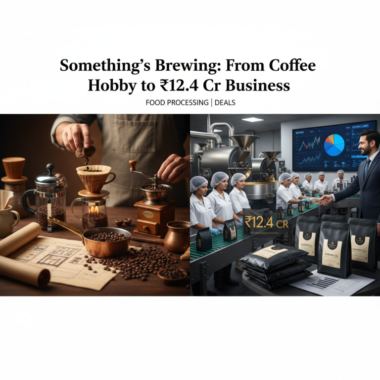 A professional split image showing a person brewing coffee by hand and a modern coffee processing plant.