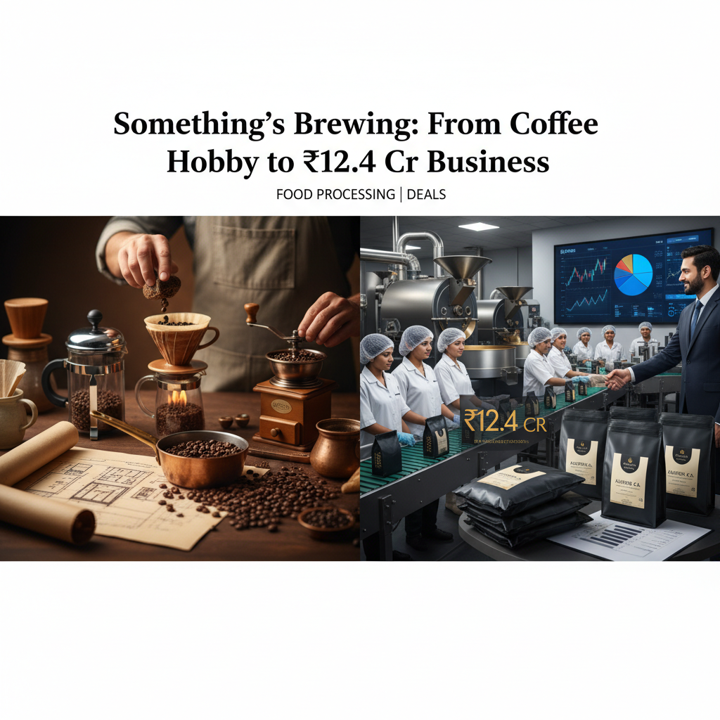 A professional split image showing a person brewing coffee by hand and a modern coffee processing plant.
