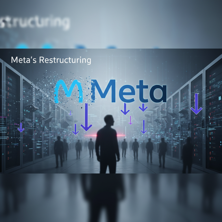 A professional image depicting Meta's restructuring, with the Meta logo, server rooms, and silhouettes of people.