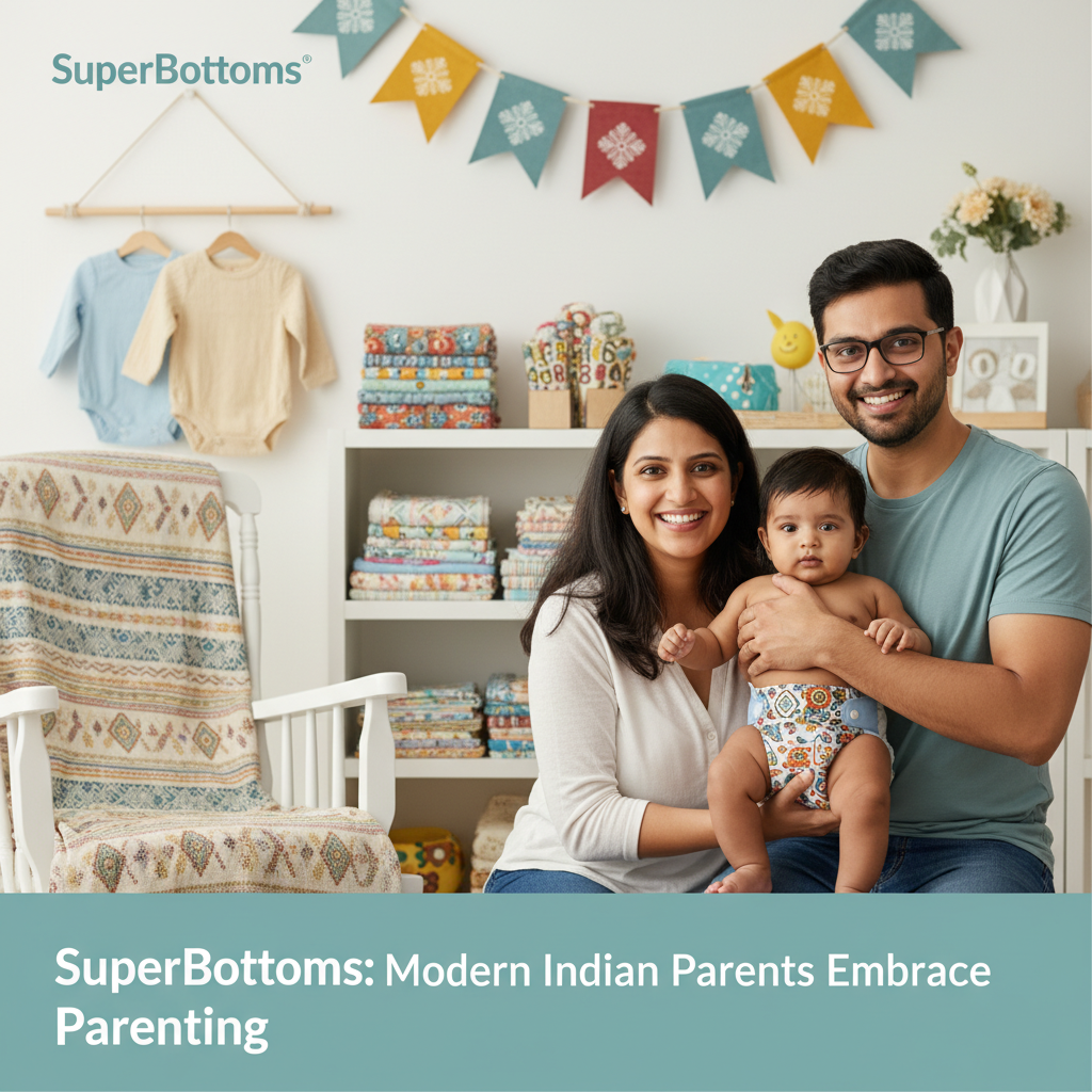 A modern Indian family with a baby in a cloth diaper, smiling in a well-decorated nursery.