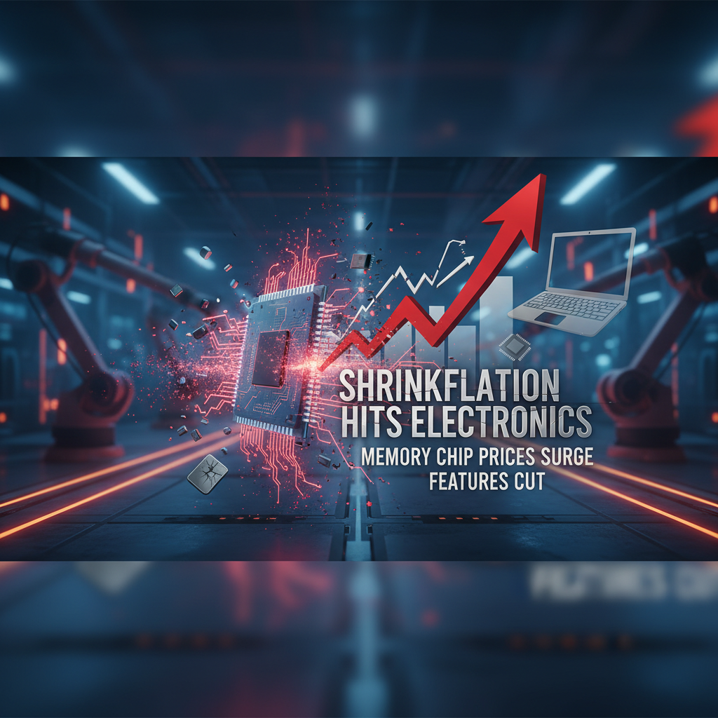 A red arrow showing an upward trend over a bar graph, with a microchip, laptop, and robotic arms.