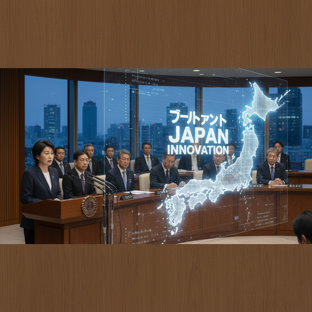 Japanese cabinet members, with a holographic map of Japan and data overlays, during a policy briefing.