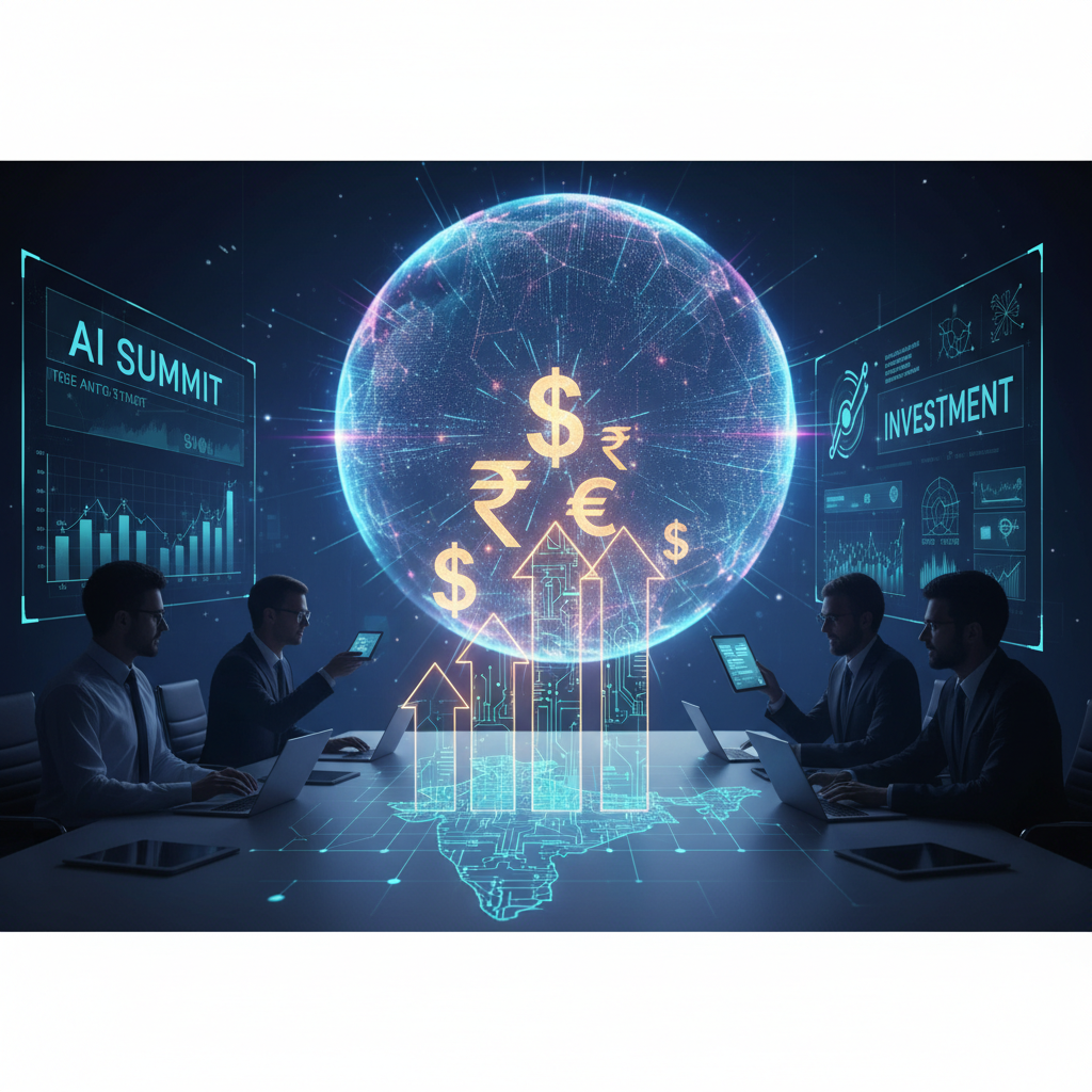 Four professionals in a futuristic meeting, with a glowing global sphere featuring currency symbols and a map of India.