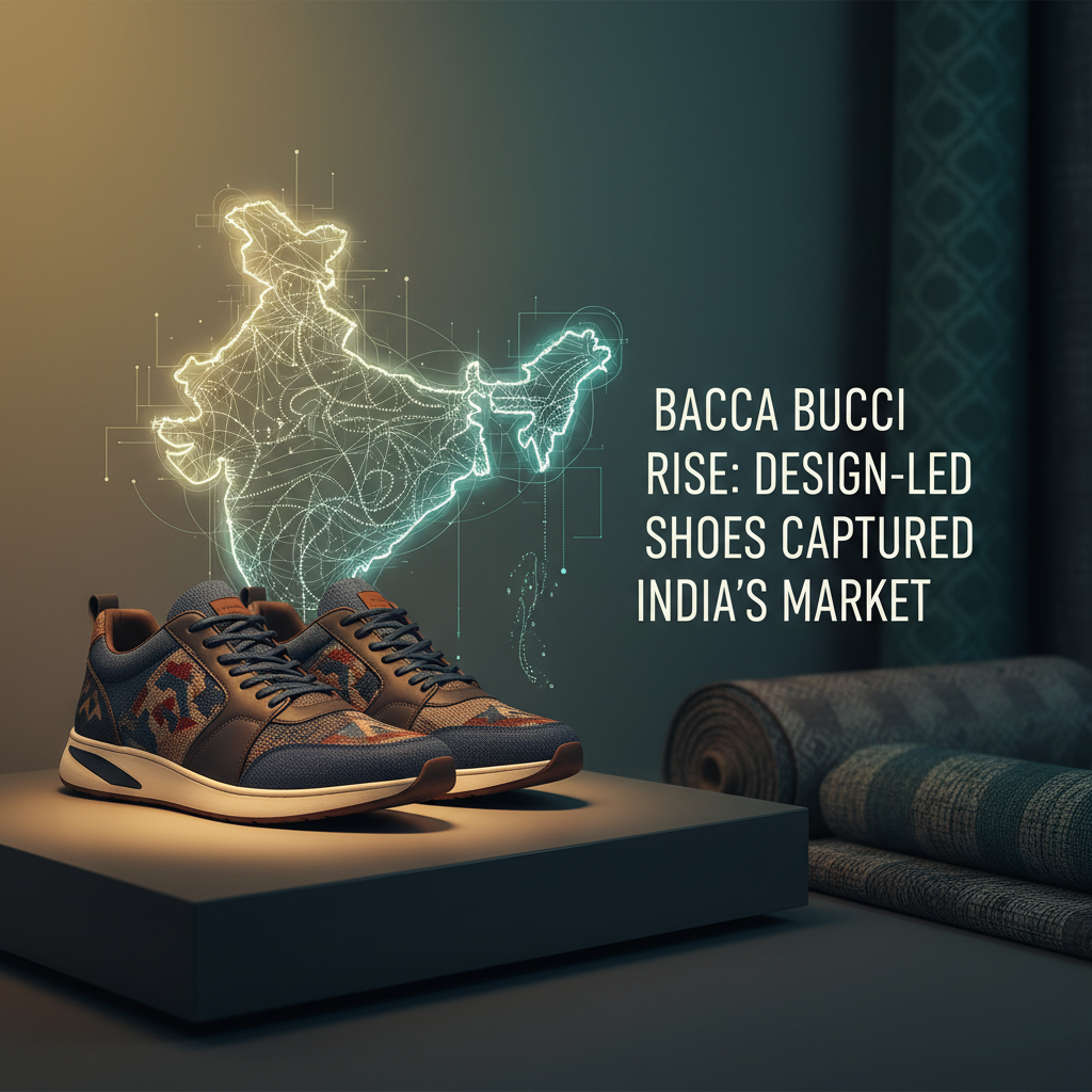 A pair of stylish Bacca Bucci shoes on a pedestal with a glowing map of India in the background, representing market capture.