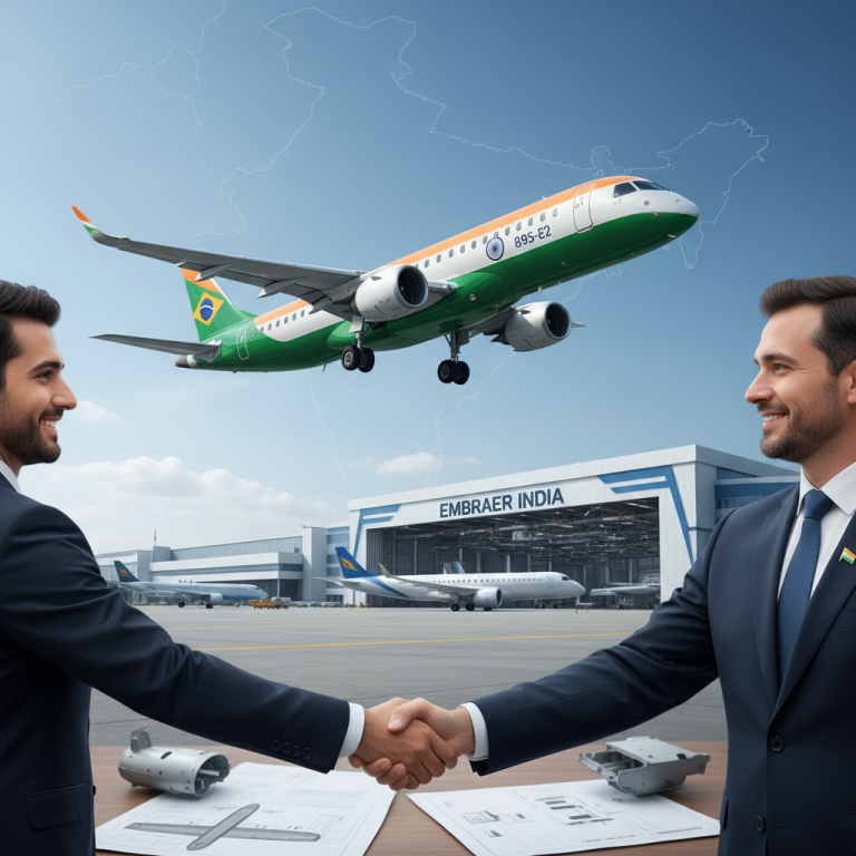 Two businessmen shaking hands with an Embraer jet, India map, and "EMBRAER INDIA" hangar in the background.