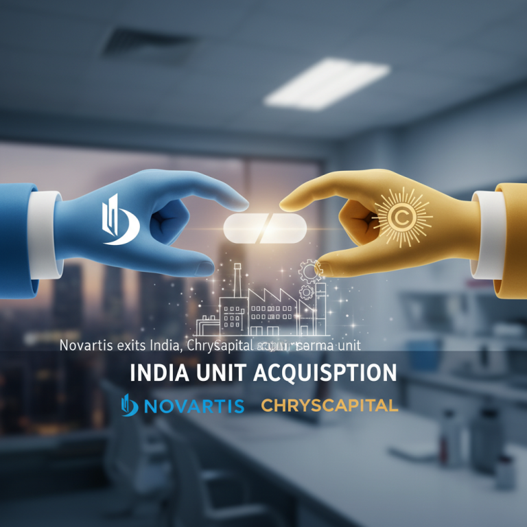 Two hands, one blue and one yellow, exchanging a glowing pill, symbolizing a pharmaceutical deal. A factory outline is visible.