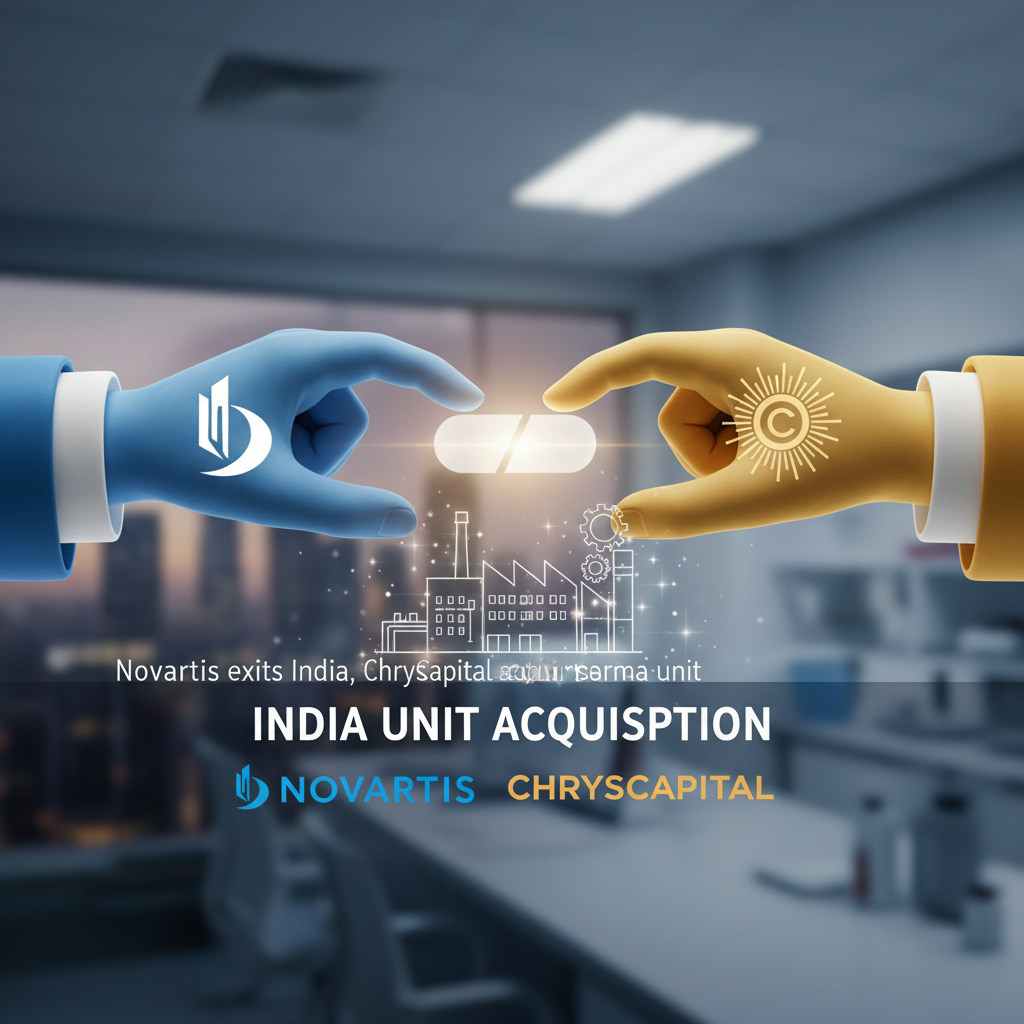 Two hands, one blue and one yellow, exchanging a glowing pill, symbolizing a pharmaceutical deal. A factory outline is visible.