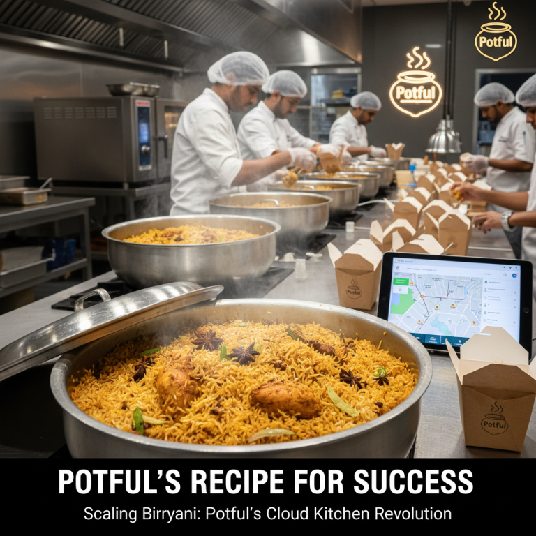 Chefs in a busy cloud kitchen preparing biryani in large pots, with takeout containers and a tablet showing delivery routes.