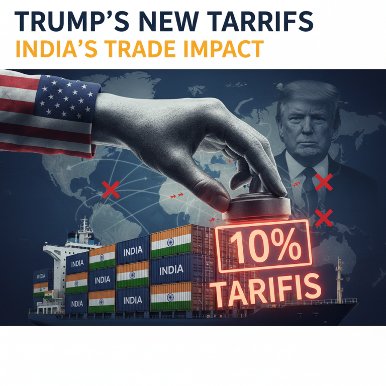 A hand placing a "10% Tariffs" block on shipping containers labeled "INDIA," with Trump and a US flag in the background.