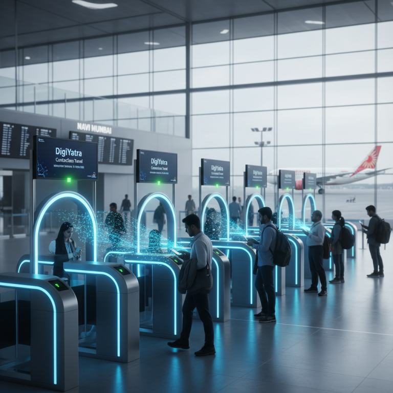 Passengers using DigiYatra facial recognition gates at a modern, bright airport terminal with an airplane visible outside.