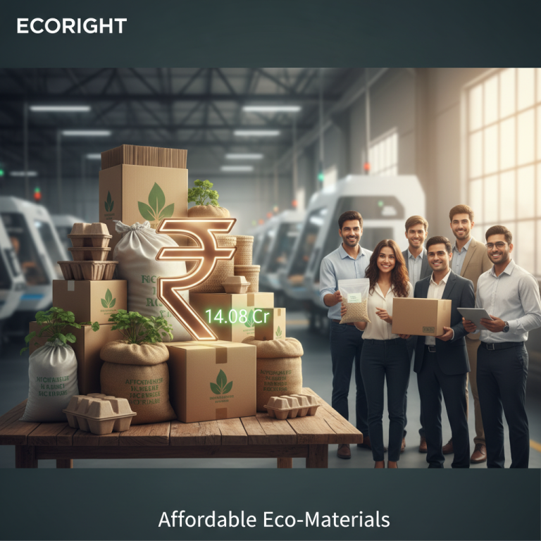 A group of smiling professionals standing next to a display of eco-friendly packaging materials.