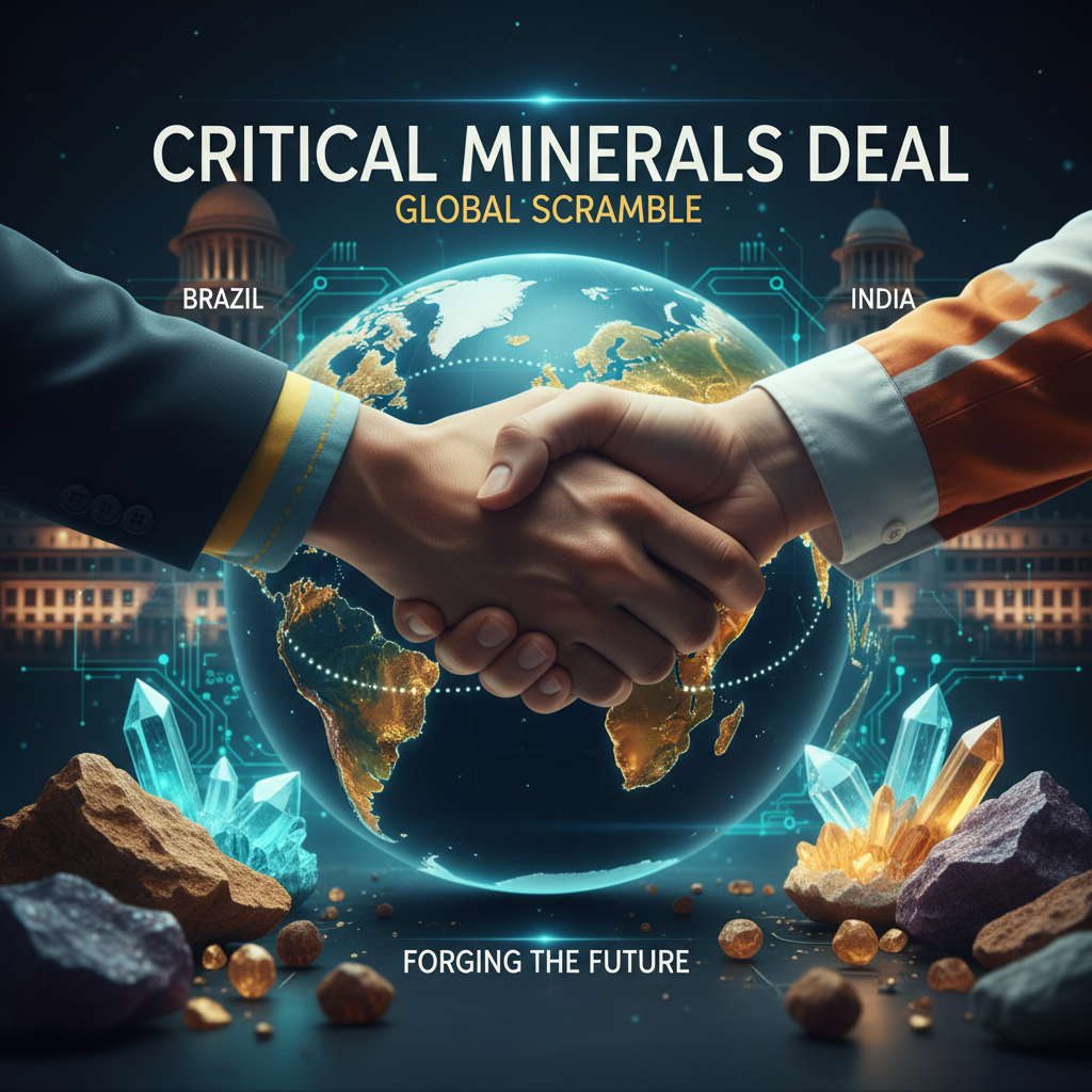 Two hands shaking above a glowing globe, symbolizing the critical minerals deal between Brazil and India.