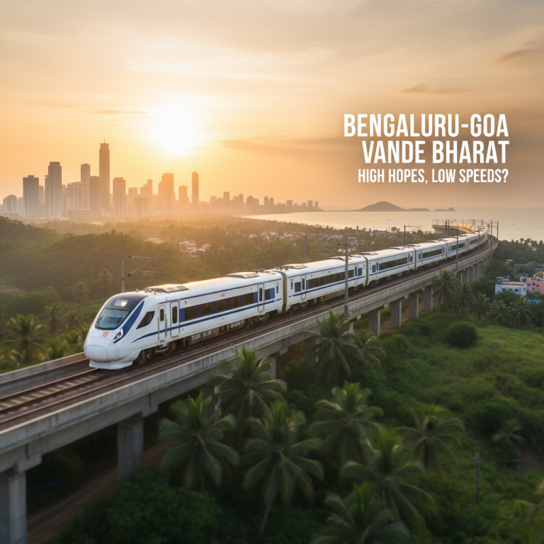 A Vande Bharat train travels on a coastal bridge with a city skyline and ocean in the background at sunset.
