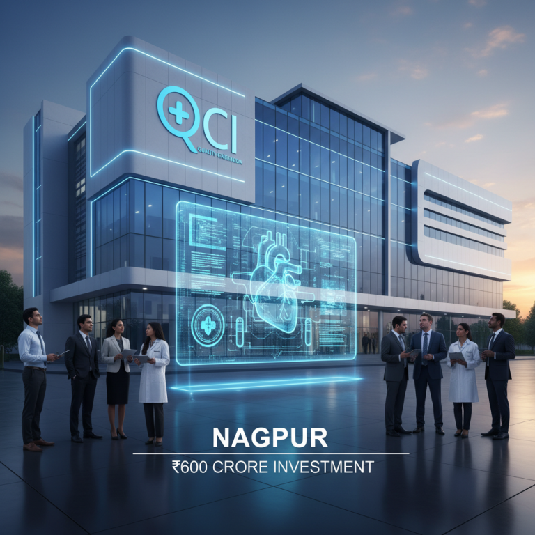 Modern hospital building with QCI logo, medical professionals, and holographic health interface.