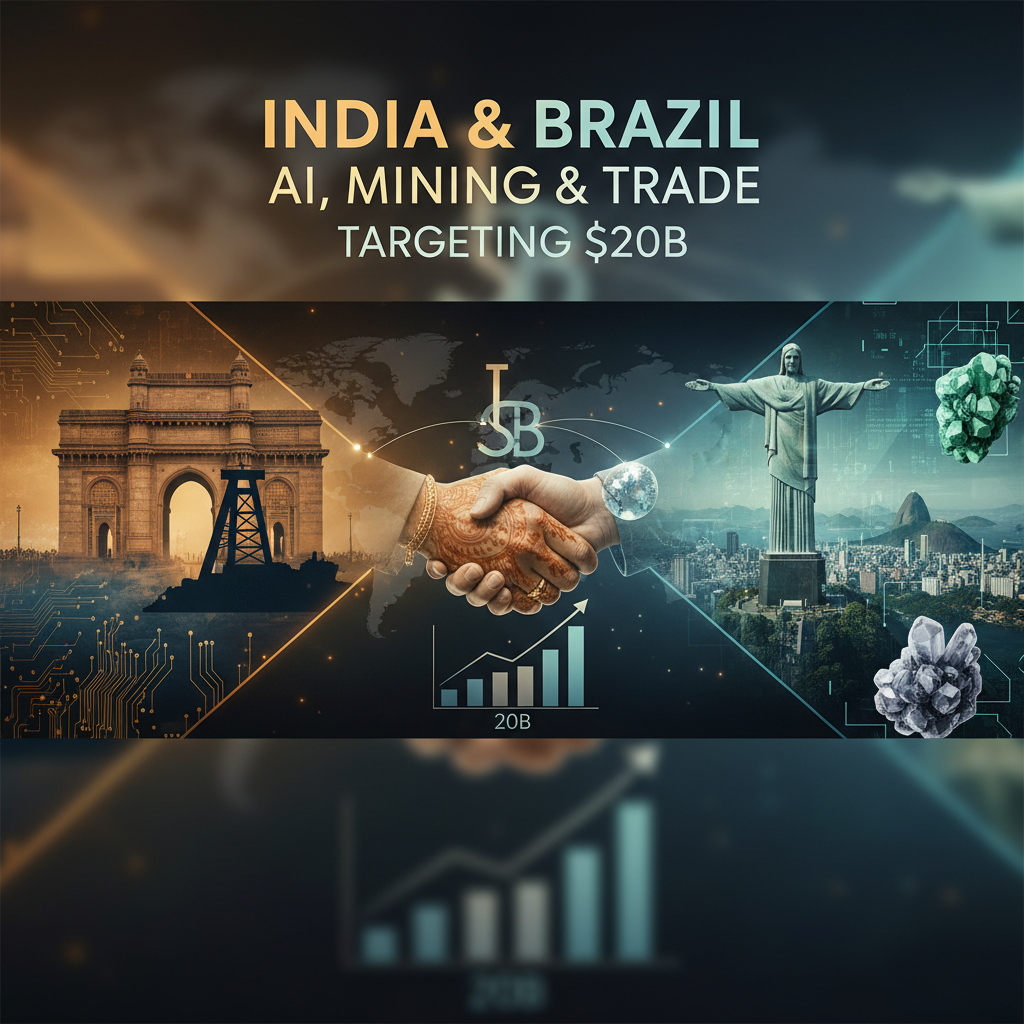 A professional, abstract image representing India and Brazil's deepened ties in AI, mining, and trade, targeting $20B.