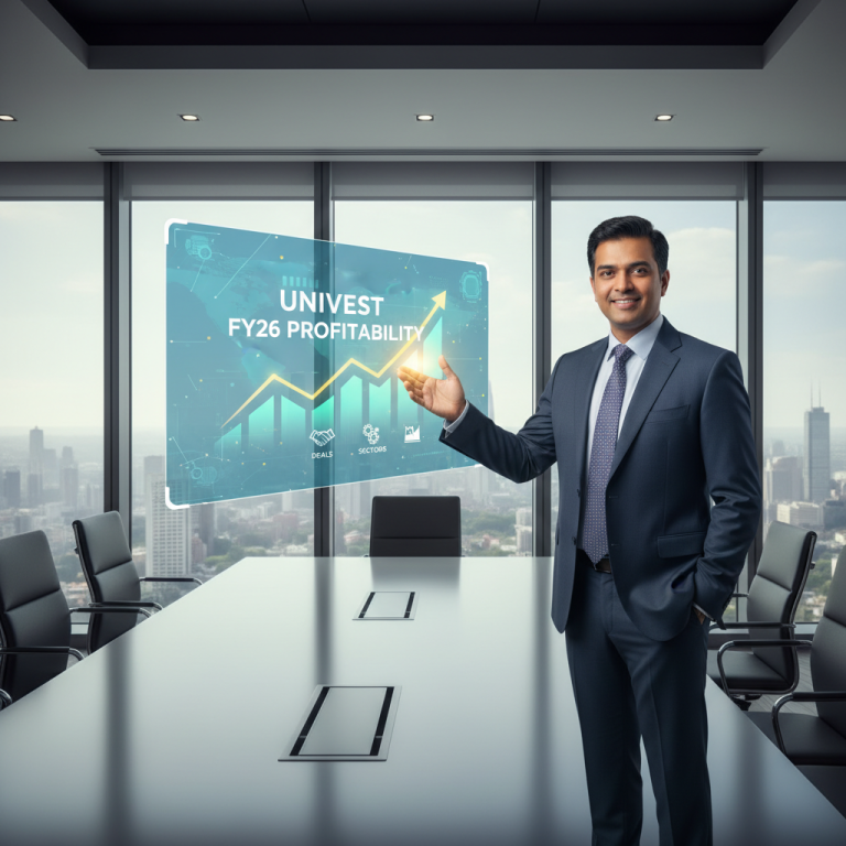 A professional man in a suit gestures towards a holographic projection displaying "UNIVEST FY26 PROFITABILITY" with an upward trend.