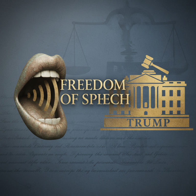 An open mouth with sound waves, "FREEDOM OF SPEECH," and a building labeled "TRUMP" with a gavel.