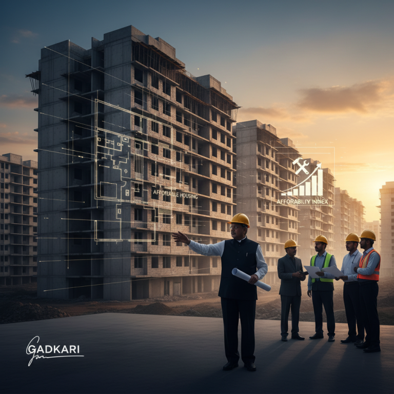 Nitin Gadkari addressing construction workers with affordable housing designs and an affordability index overlay.