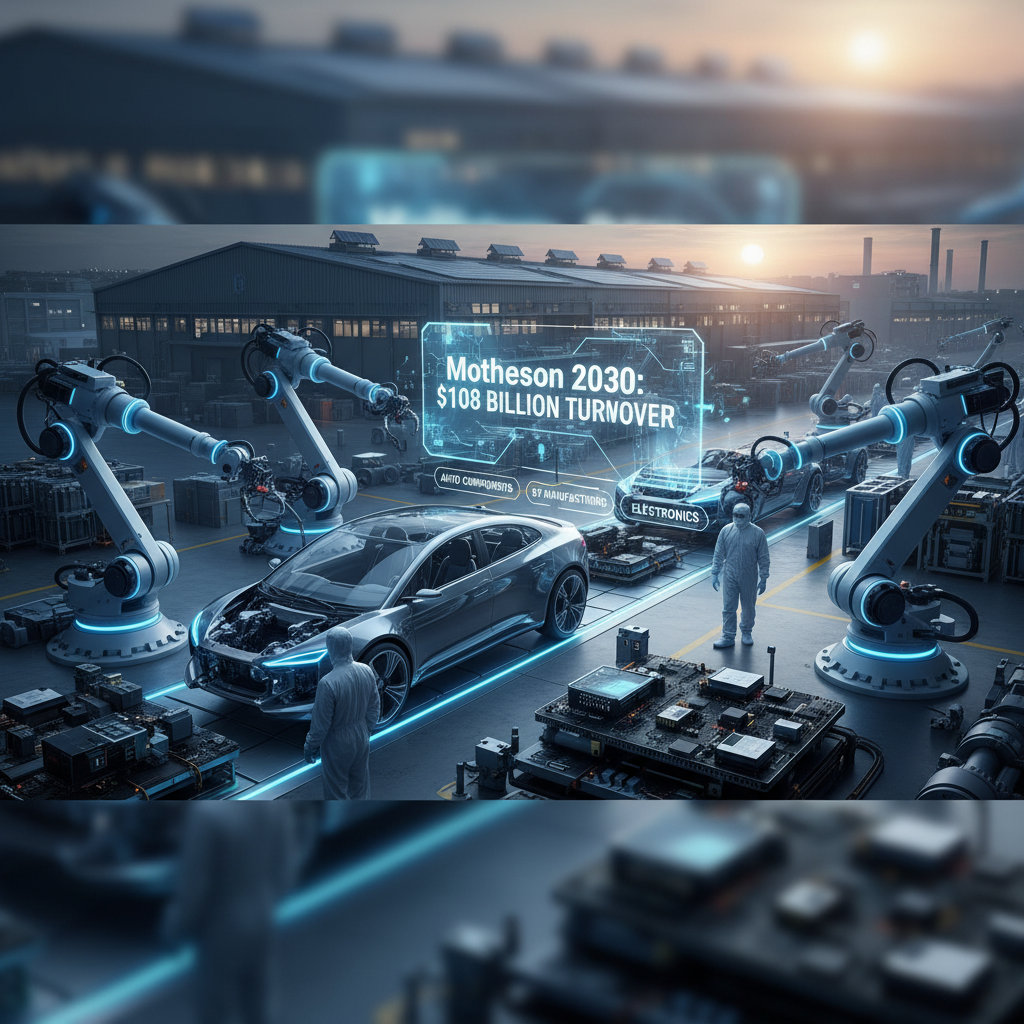 Robotic arms assemble car components and electronics in a modern factory, with a holographic display showing "Motherson 2030: $108 Billion Turnover."