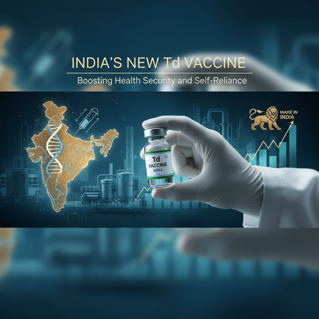 A professional image depicting a Td vaccine vial held by a gloved hand, with India's map, factories, and a "Make in India" logo.