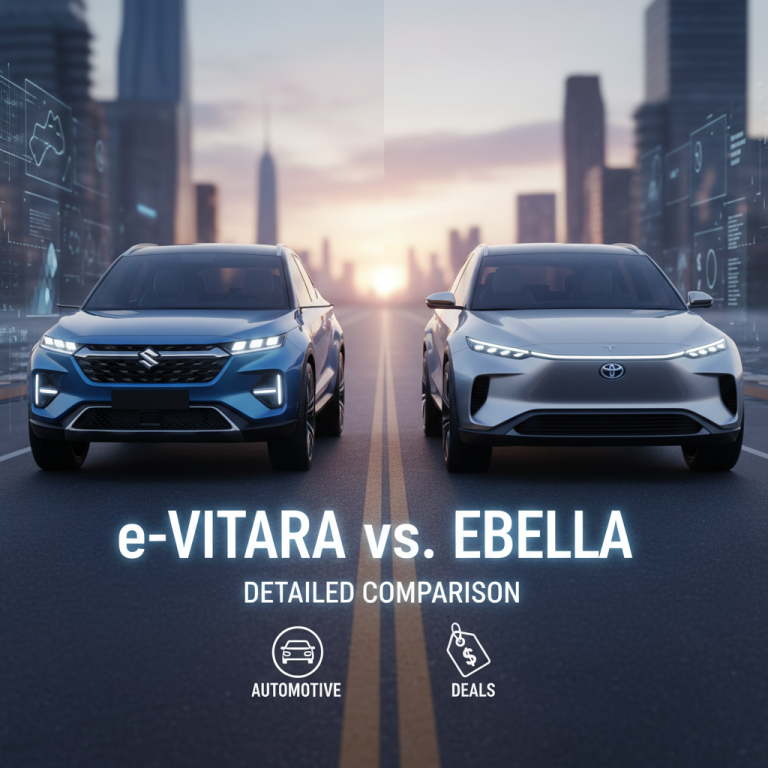 Two electric cars, blue and silver, facing each other on a road with city background at sunset. Text "e-Vitara vs. Ebella" overlay.