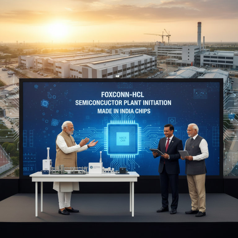 Indian Prime Minister Narendra Modi at a launch event for a Foxconn-HCL semiconductor plant, with a large screen behind him.