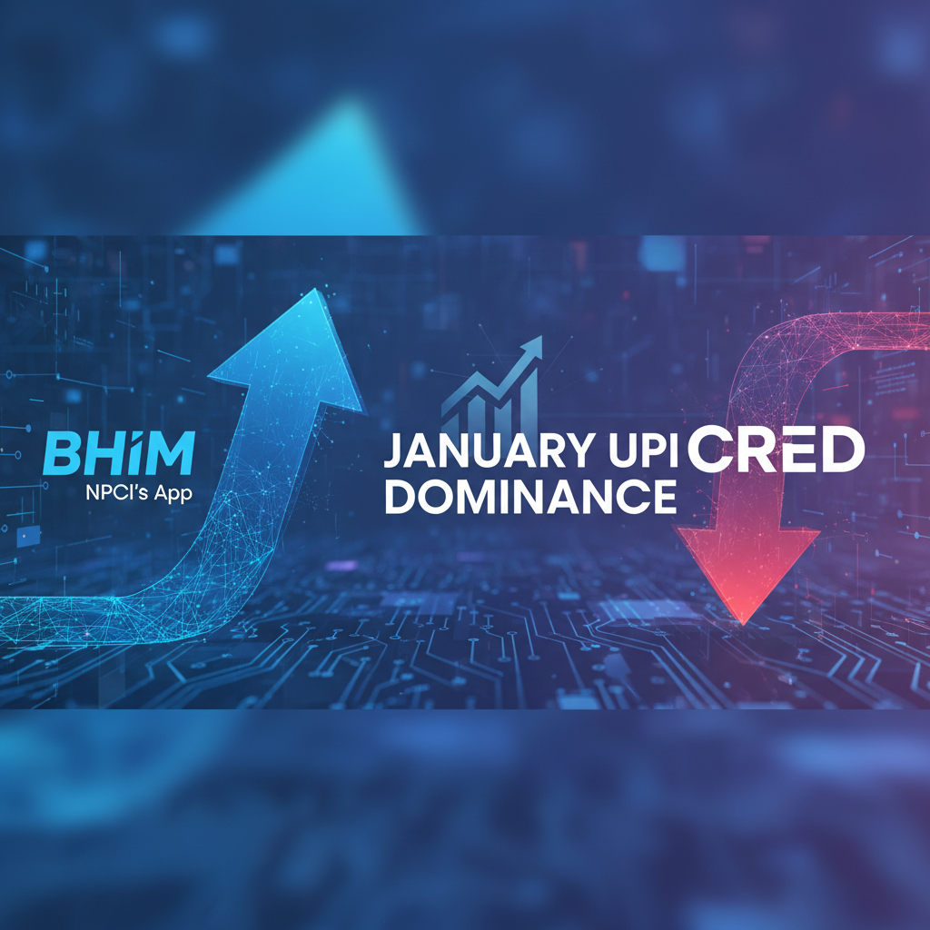 A blue upward arrow labeled "BHIM NPCI's App" and a red downward arrow labeled "CRED," on a tech-themed background.