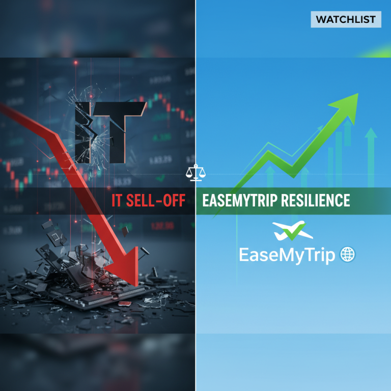 A split image showing IT stock sell-off with a downward arrow and EaseMyTrip resilience with an upward arrow.