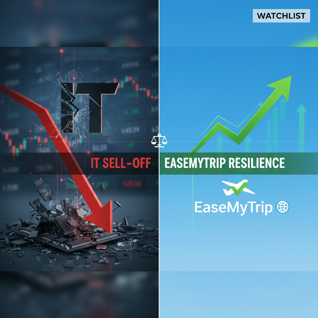A split image showing IT stock sell-off with a downward arrow and EaseMyTrip resilience with an upward arrow.