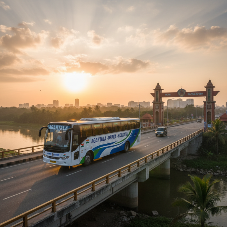 A modern bus with "Agartala-Dhaka-Kolkata" written on it crosses a bridge at sunrise, with border gates in the background.