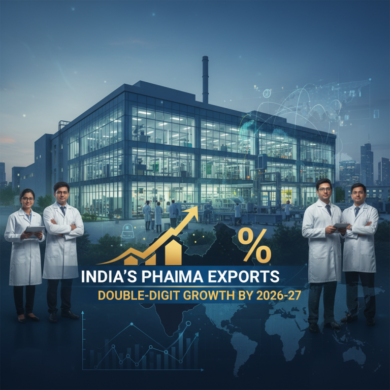 A professional image with Indian pharma professionals, a modern pharmaceutical factory, and digital growth graphics.