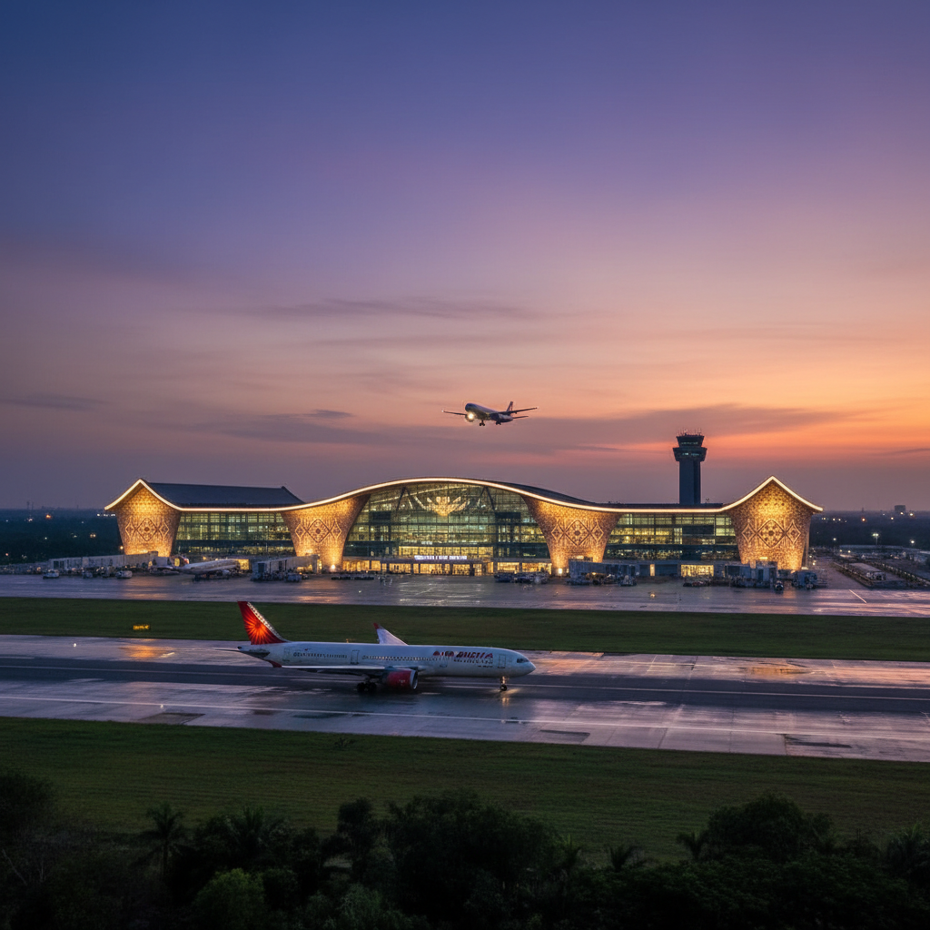 A modern airport terminal at dusk with aircraft on the runway and in the sky, under a vibrant sunset.