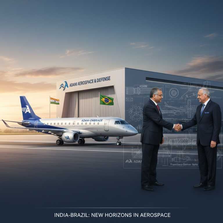 Two executives shaking hands in front of an Embraer E175 jet and an "Adani Aerospace & Defense" factory.