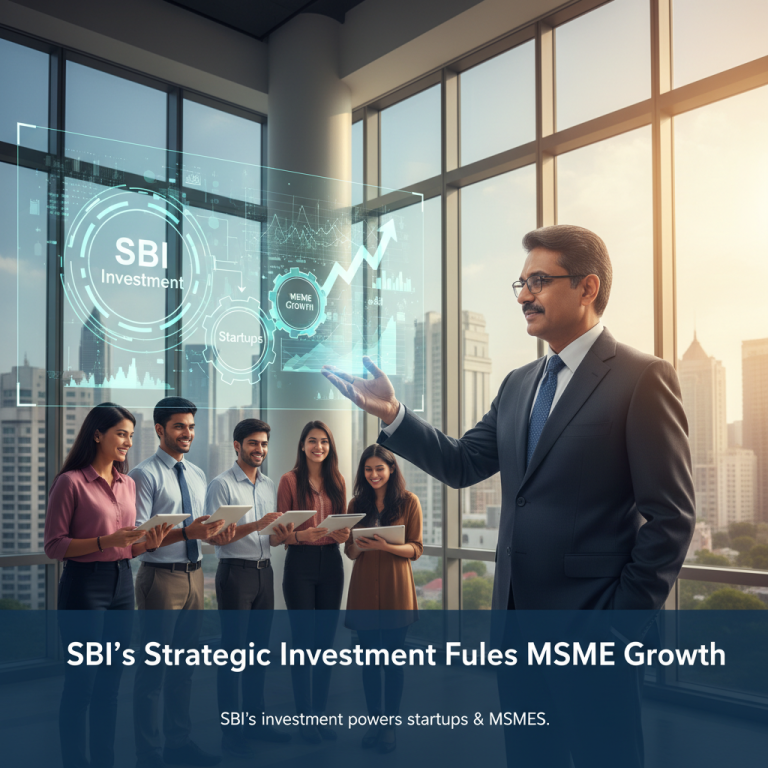 A professional man in a suit presenting a holographic display with "SBI Investment," "Startups," and "MSME Growth" labels, and an upward trend arrow, to a group of five diverse young professionals holding tablets, in a modern office with city views.