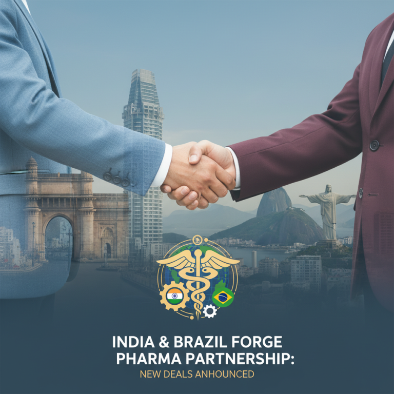 Two business professionals shake hands over a graphic symbolizing Indian and Brazilian pharmaceutical collaboration, with city skylines in the background.