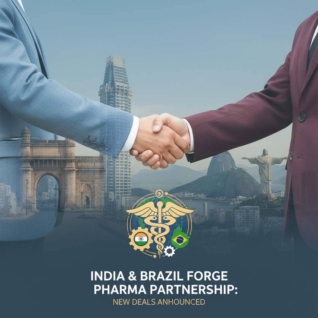 Two business professionals shake hands over a graphic symbolizing Indian and Brazilian pharmaceutical collaboration, with city skylines in the background.
