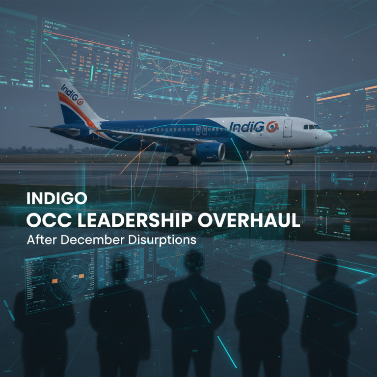 An IndiGo airplane with a control tower overlay, symbolizing operational changes and leadership overhaul.