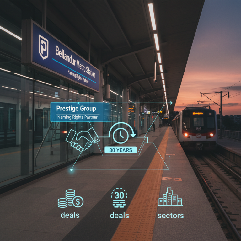 An image showing a metro station platform with a train arriving, overlaid with icons representing deals and sectors.