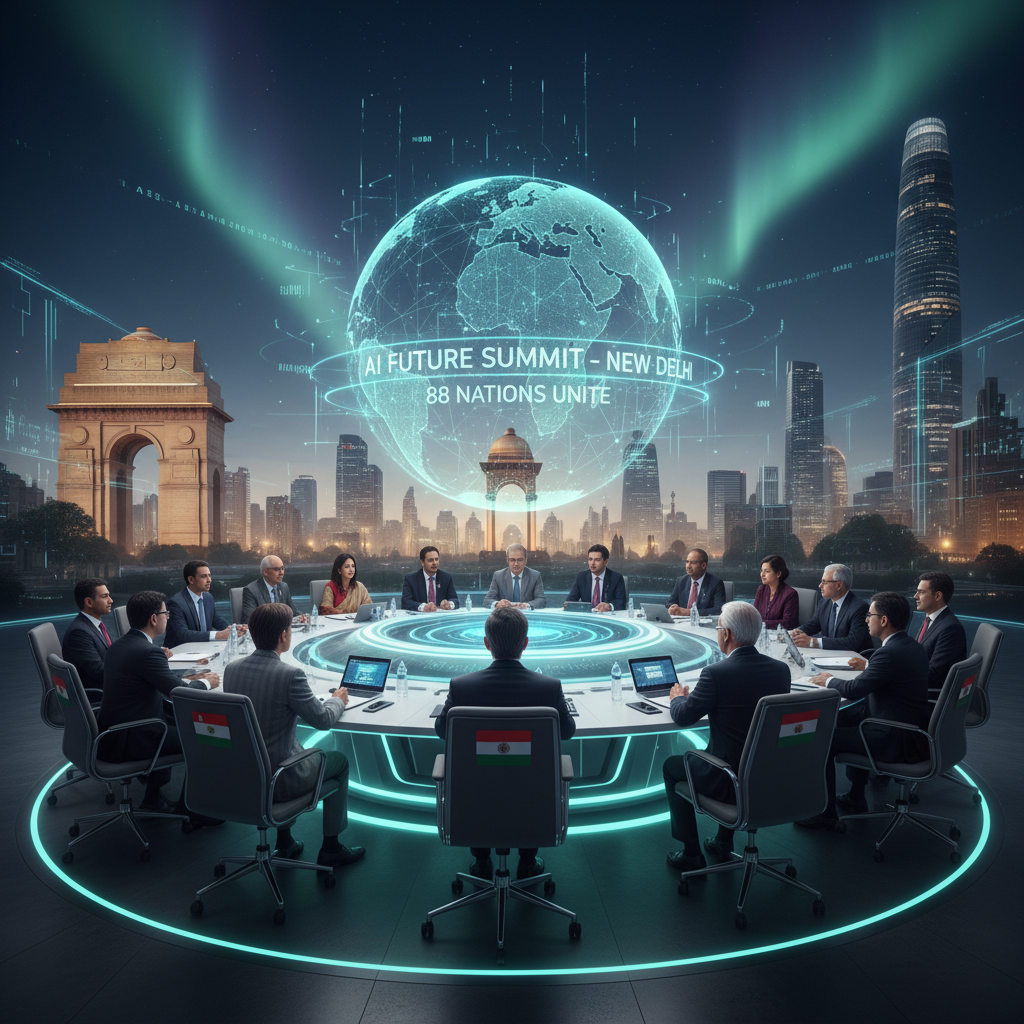 A high-tech conference table with diverse leaders and a holographic globe, symbolizing global AI collaboration in New Delhi.