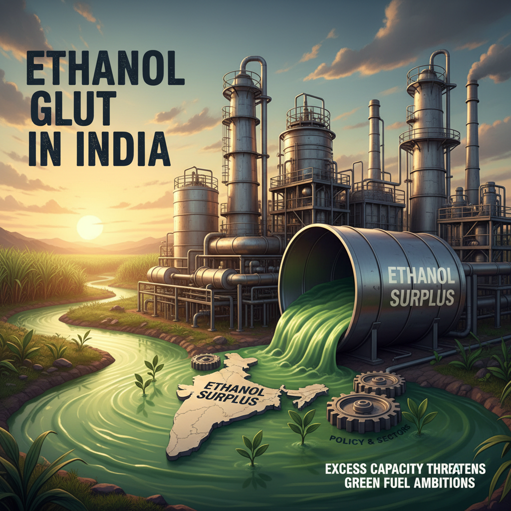 An ethanol plant overflowing with green liquid, symbolizing excess capacity, with the map of India and sugarcane fields.