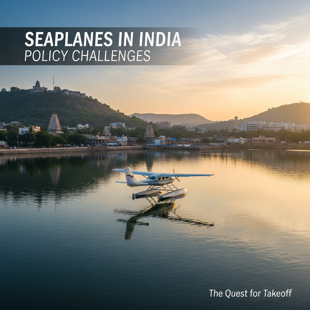 A seaplane floats on calm water with traditional Indian architecture and hills in the background at sunset.